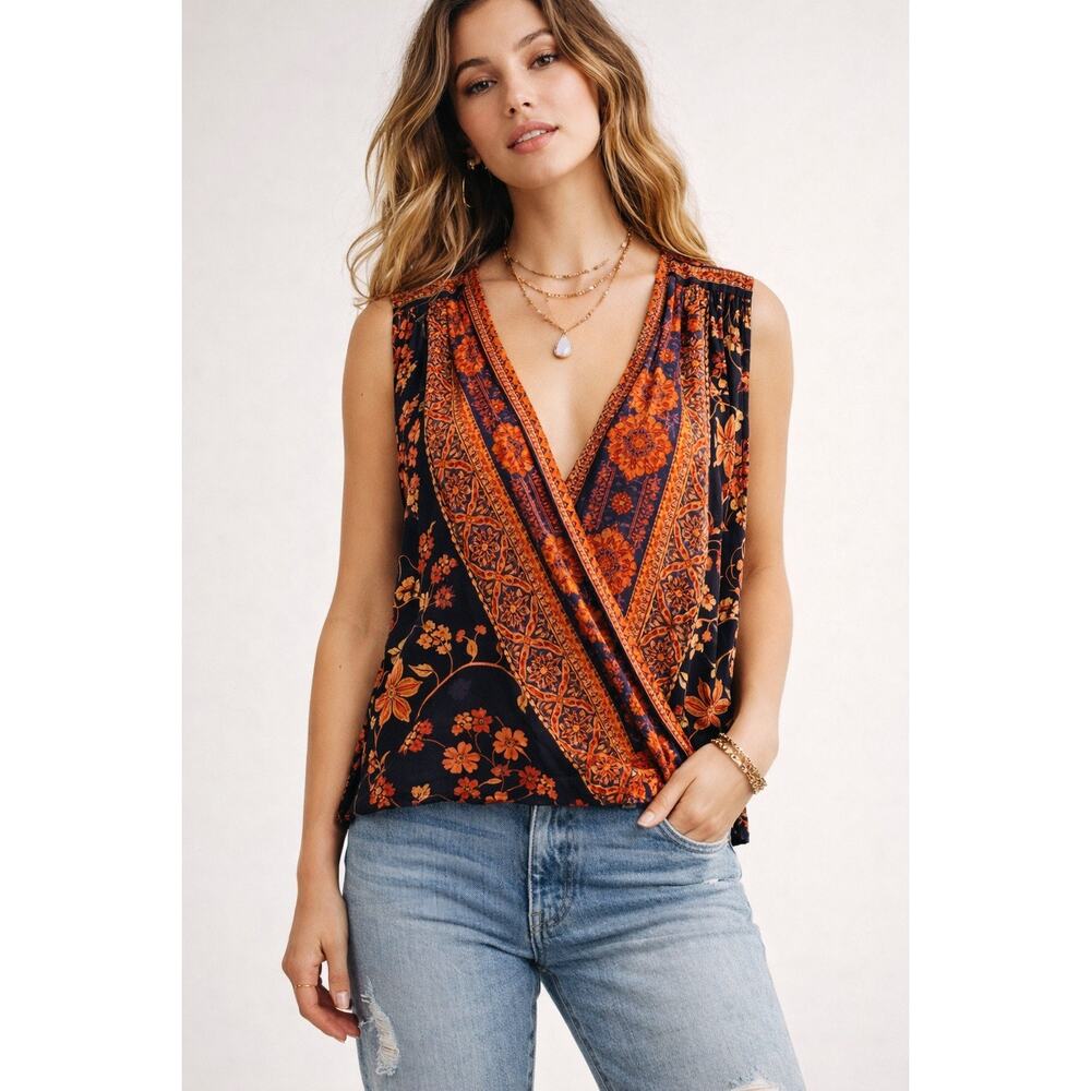 Sleeveless V-Neck Wrap Tank Top - Black & Orange